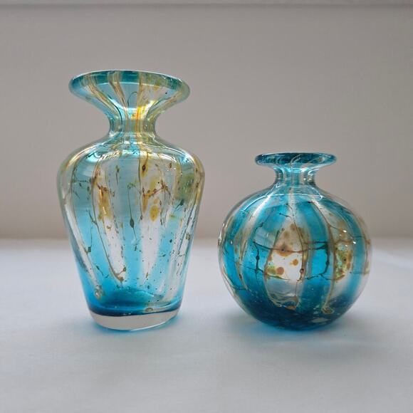 Mdina Two Mini Glass Vases Maltese Art Crystal Blue Stripe Crizzle 1970's MCM - Picture 5 of 16